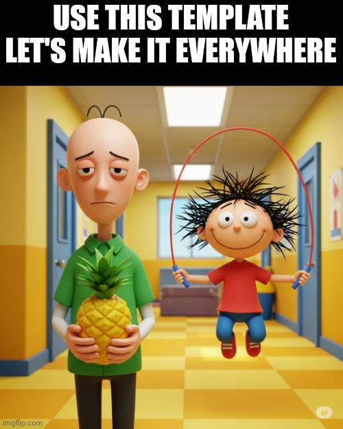 Ai baldi holding a pineapple while Ai playtime plays jumprope | USE THIS TEMPLATE LET'S MAKE IT EVERYWHERE | image tagged in ai baldi holding a pineapple while ai playtime plays jumprope | made w/ Imgflip meme maker