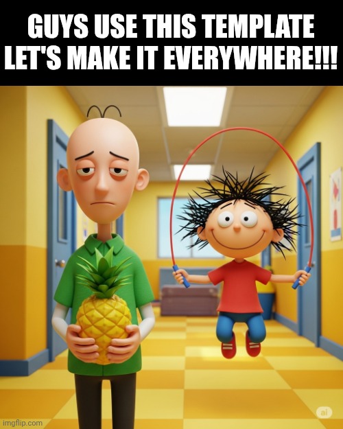 Ai baldi holding a pineapple while Ai playtime plays jumprope | GUYS USE THIS TEMPLATE LET'S MAKE IT EVERYWHERE!!! | image tagged in ai baldi holding a pineapple while ai playtime plays jumprope | made w/ Imgflip meme maker
