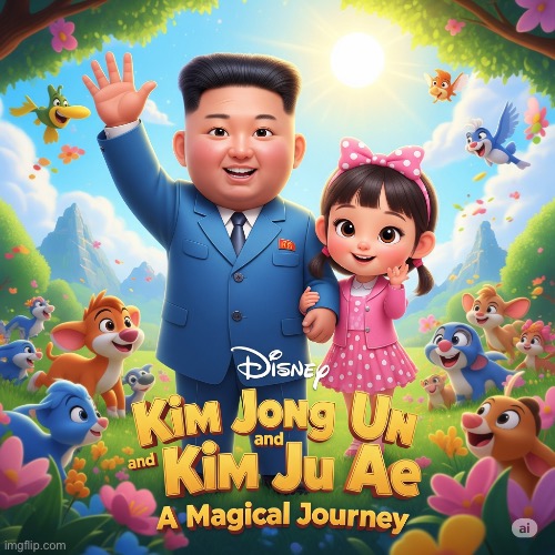 Kim Ju Ae and Kim Jong Un’s magical journey | image tagged in kim ju ae and kim jong un s magical journey,kim jong un,kim ju ae,movie,movie poster,ai generated | made w/ Imgflip meme maker