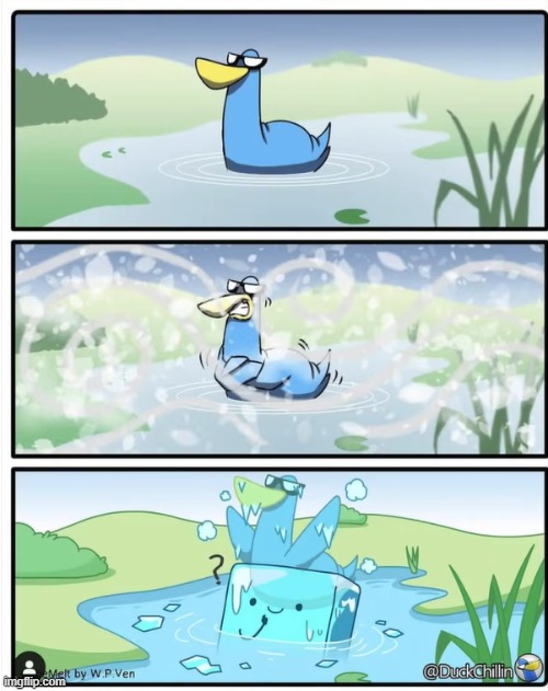 image tagged in duck,chilling,pond,cold,ice cube,frozen | made w/ Imgflip meme maker