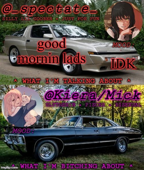 my whole body hurts | good mornin lads; IDK | image tagged in km spectate shared temp | made w/ Imgflip meme maker
