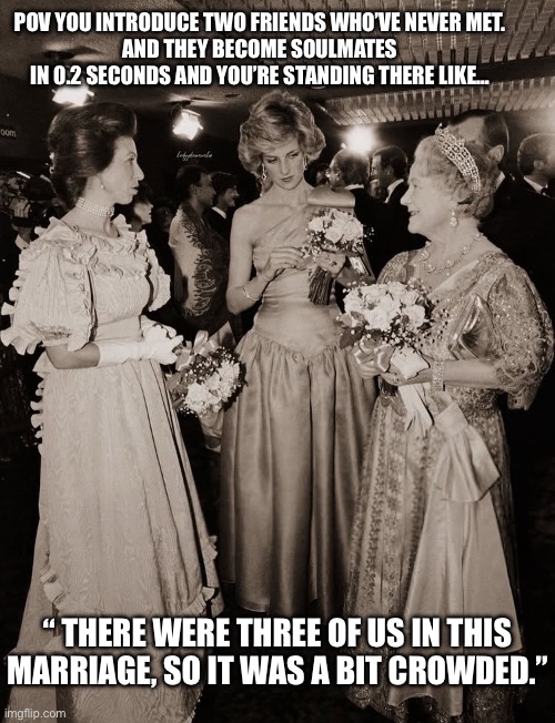 “There were three of us” | POV YOU INTRODUCE TWO FRIENDS WHO’VE NEVER MET.
AND THEY BECOME SOULMATES IN 0.2 SECONDS AND YOU’RE STANDING THERE LIKE…; “ THERE WERE THREE OF US IN THIS MARRIAGE, SO IT WAS A BIT CROWDED.” | image tagged in diana,royal family,funny memes | made w/ Imgflip meme maker