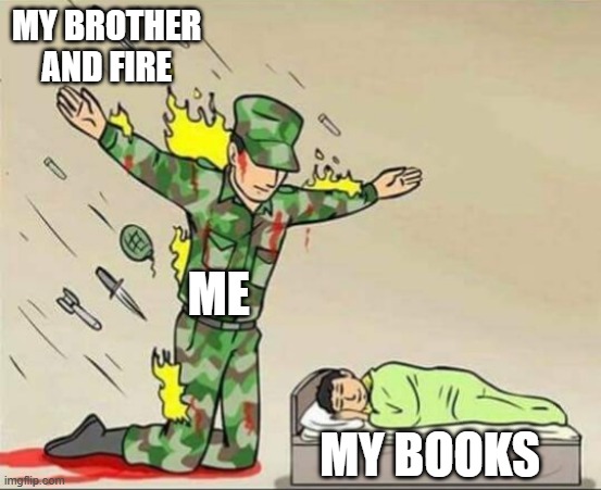 My Precious! | MY BROTHER AND FIRE; ME; MY BOOKS | image tagged in soldier protecting sleeping child | made w/ Imgflip meme maker