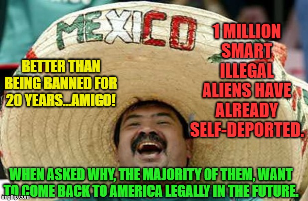 Hispanic attacks | 1 MILLION SMART ILLEGAL ALIENS HAVE ALREADY SELF-DEPORTED. BETTER THAN BEING BANNED FOR 20 YEARS...AMIGO! WHEN ASKED WHY, THE MAJORITY OF THEM, WANT TO COME BACK TO AMERICA LEGALLY IN THE FUTURE. | image tagged in hispanic attacks | made w/ Imgflip meme maker