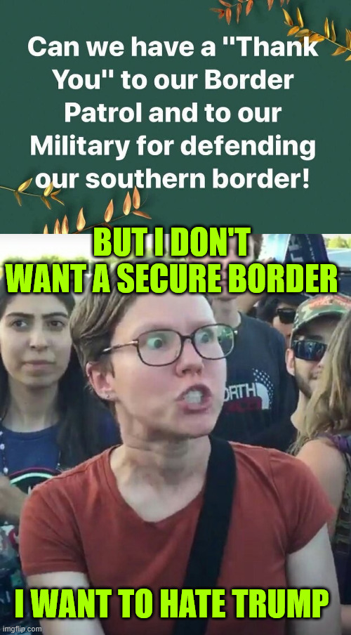 They never cared about America... It's all about them. | BUT I DON'T WANT A SECURE BORDER; I WANT TO HATE TRUMP | image tagged in super_triggered,does not care about america,just wants to hate trump | made w/ Imgflip meme maker