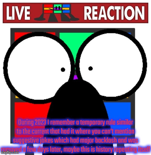 Not reading allat | During 2023 I remember a temporary rule similar to the current that had it where you can't mention suggestive jokes which had major backlash and was removed a few days later, maybe this is history repeating itself | image tagged in live ruubixe reaction | made w/ Imgflip meme maker