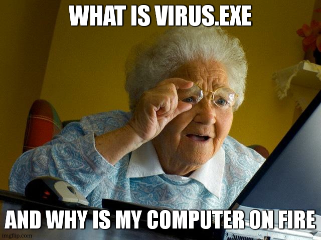 Grandma Finds The Internet | WHAT IS VIRUS.EXE; AND WHY IS MY COMPUTER ON FIRE | image tagged in memes,grandma finds the internet,funny,gifs,not a gif,fun | made w/ Imgflip meme maker