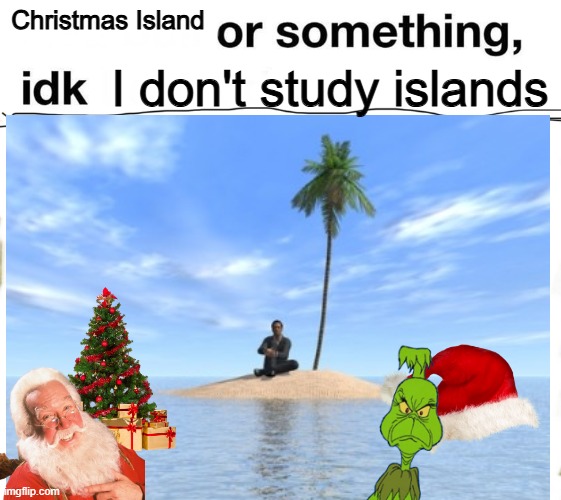 Christmas Island or something idk I don't study islands | Christmas Island; I don't study islands | image tagged in or something idk,geography,christmas,the grinch | made w/ Imgflip meme maker