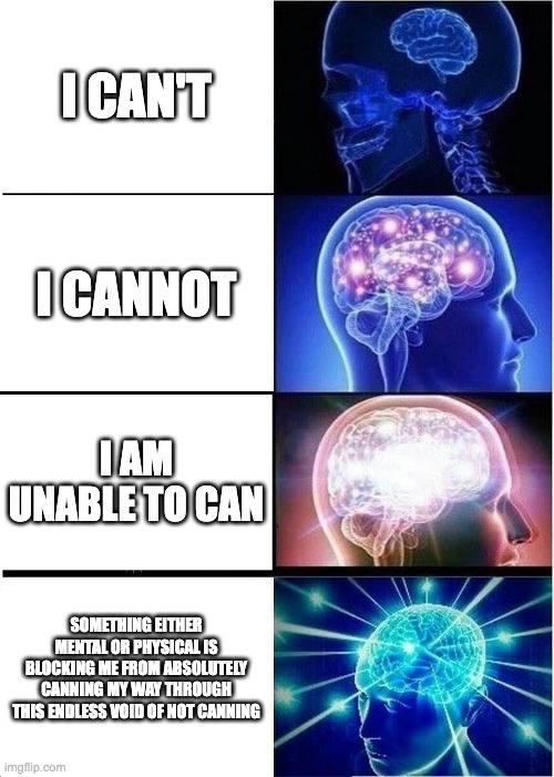 Can | I CAN'T; I CANNOT; I AM UNABLE TO CAN; SOMETHING EITHER MENTAL OR PHYSICAL IS BLOCKING ME FROM ABSOLUTELY CANNING MY WAY THROUGH THIS ENDLESS VOID OF NOT CANNING | image tagged in memes,expanding brain | made w/ Imgflip meme maker