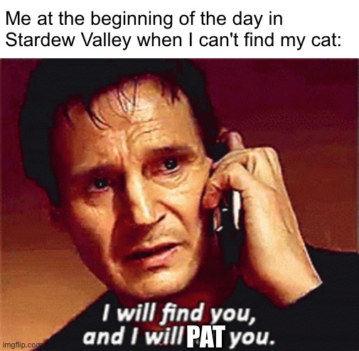 idk what to put here | Me at the beginning of the day in Stardew Valley when I can't find my cat:; PAT | image tagged in taken i will find you,stardew valley,gaming,cat,idk what to put here,i hate tagging | made w/ Imgflip meme maker