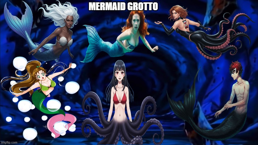 mermaid grotto | MERMAID GROTTO | image tagged in the little mermaid,mermaid grotto,sailor moon,marvel,scarlett johansson,anime | made w/ Imgflip meme maker
