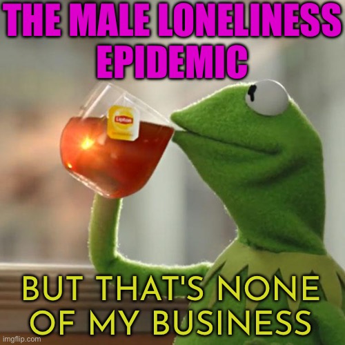 Men Are in a Loneliness Epidemic | THE MALE LONELINESS
EPIDEMIC; BUT THAT'S NONE
OF MY BUSINESS | image tagged in memes,but that's none of my business,kermit the frog,mental health,loneliness,men vs women | made w/ Imgflip meme maker