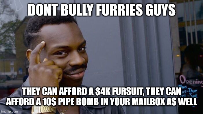 (mode note: ??) I mean if you do get bombed that will bring more hate to them so | DONT BULLY FURRIES GUYS; THEY CAN AFFORD A $4K FURSUIT, THEY CAN AFFORD A 10$ PIPE BOMB IN YOUR MAILBOX AS WELL | image tagged in memes,roll safe think about it | made w/ Imgflip meme maker