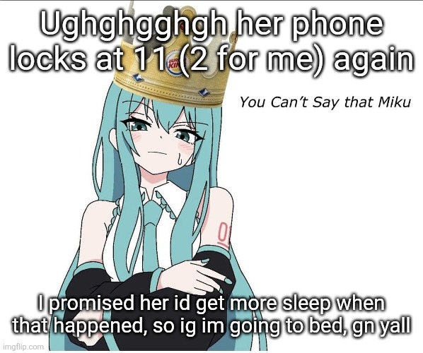 You cant say that miku | Ughghgghgh her phone locks at 11 (2 for me) again; I promised her id get more sleep when that happened, so ig im going to bed, gn yall | image tagged in you cant say that miku | made w/ Imgflip meme maker