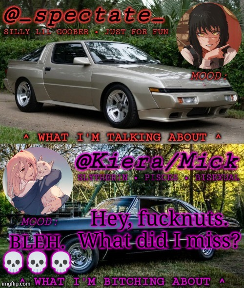 Bored, Talk To Me | Hey, fucknuts.
What did I miss? BLEH. 💀💀💀 | image tagged in km spectate shared temp,what the hell happened here,boredom,good morning,well yes but actually no,lets go | made w/ Imgflip meme maker