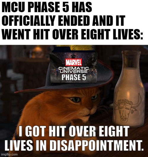 MCU Phase 5 is now Puss in Boots hit over eight lives | MCU PHASE 5 HAS OFFICIALLY ENDED AND IT WENT HIT OVER EIGHT LIVES:; PHASE 5; I GOT HIT OVER EIGHT LIVES IN DISAPPOINTMENT. | image tagged in gato con botas,puss in boots,marvel cinematic universe,marvel | made w/ Imgflip meme maker