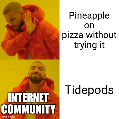 Drake Hotline Bling | Pineapple on pizza without trying it; Tidepods; INTERNET COMMUNITY | image tagged in memes,drake hotline bling | made w/ Imgflip meme maker