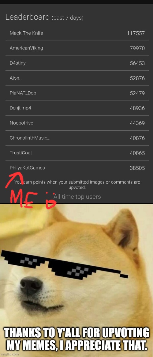 THANKS TO Y'ALL FOR UPVOTING MY MEMES, I APPRECIATE THAT. | image tagged in sunglass doge | made w/ Imgflip meme maker