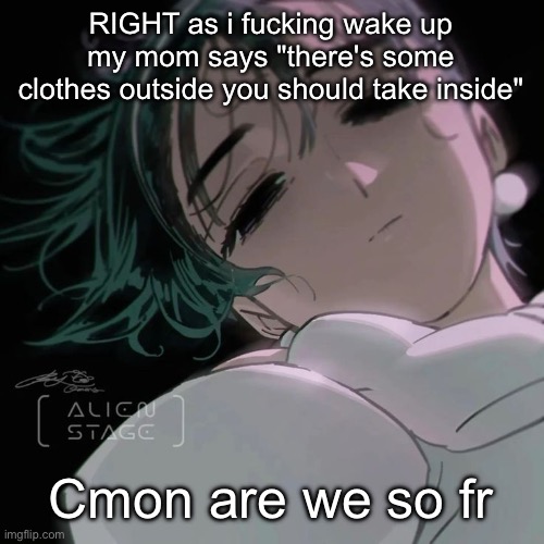 Sua | RIGHT as i fucking wake up my mom says "there's some clothes outside you should take inside"; Cmon are we so fr | image tagged in sua | made w/ Imgflip meme maker