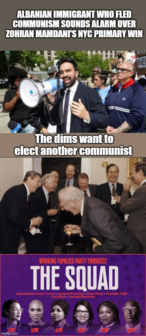 The Family in Dim speak is communism. | ALBANIAN IMMIGRANT WHO FLED COMMUNISM SOUNDS ALARM OVER ZOHRAN MAMDANI'S NYC PRIMARY WIN; The dims want to elect another communist | image tagged in memes,laughing men in suits | made w/ Imgflip meme maker