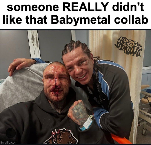 alex terrible broken nose | someone REALLY didn't like that Babymetal collab | image tagged in slaughter to preveil,babymetal,deathcore | made w/ Imgflip meme maker