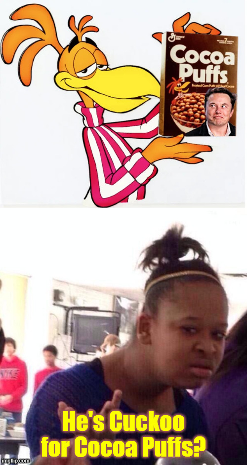 I wonder how many flip flopping dems are going to jump ship for Elon? | He's Cuckoo for Cocoa Puffs? | image tagged in memes,black girl wat,flip flop dems | made w/ Imgflip meme maker