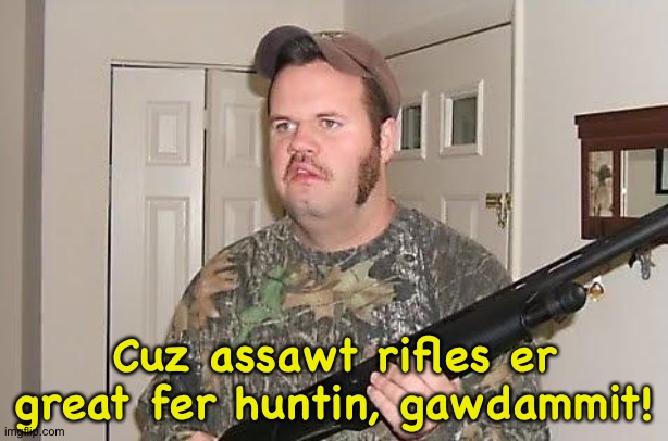 Redneck wonder | Cuz assawt rifles er great fer huntin, gawdammit! | image tagged in redneck wonder | made w/ Imgflip meme maker