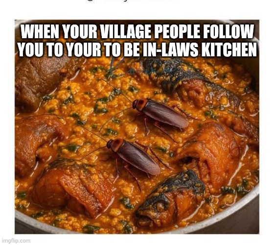 Roach on food | WHEN YOUR VILLAGE PEOPLE FOLLOW YOU TO YOUR TO BE IN-LAWS KITCHEN | image tagged in in-laws,memes | made w/ Imgflip meme maker