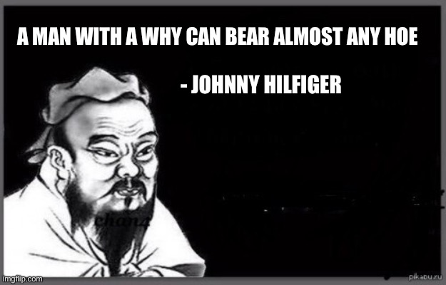 Confucius | A MAN WITH A WHY CAN BEAR ALMOST ANY HOE; - JOHNNY HILFIGER | image tagged in confucius citation | made w/ Imgflip meme maker