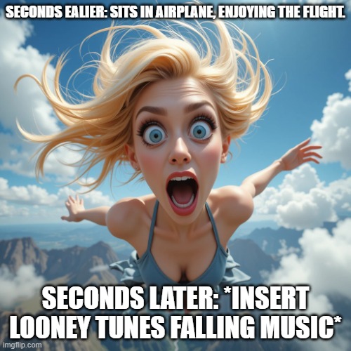 falling panicked blonde | SECONDS EALIER: SITS IN AIRPLANE, ENJOYING THE FLIGHT. SECONDS LATER: *INSERT LOONEY TUNES FALLING MUSIC* | image tagged in falling panicked blonde | made w/ Imgflip meme maker