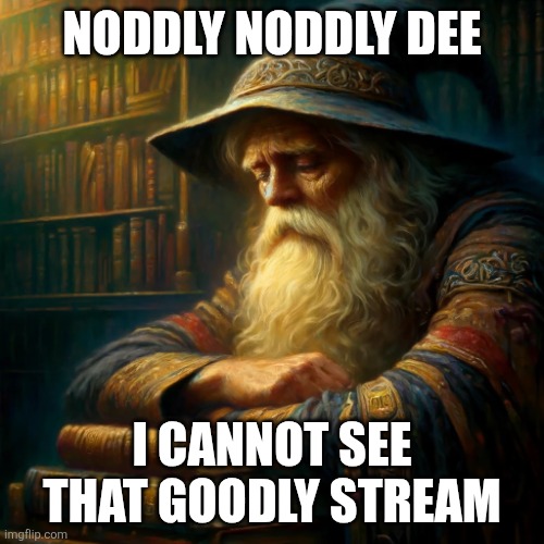 Sad Wizard | NODDLY NODDLY DEE I CANNOT SEE THAT GOODLY STREAM | image tagged in sad wizard | made w/ Imgflip meme maker