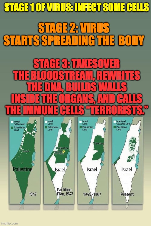 israel is a virus | STAGE 1 OF VIRUS: INFECT SOME CELLS; STAGE 2: VIRUS STARTS SPREADING THE  BODY; STAGE 3: TAKESOVER THE BLOODSTREAM, REWRITES THE DNA, BUILDS WALLS INSIDE THE ORGANS, AND CALLS THE IMMUNE CELLS “TERRORISTS.” | image tagged in israel,zionism,occupation,palestine,mossad,jewish | made w/ Imgflip meme maker