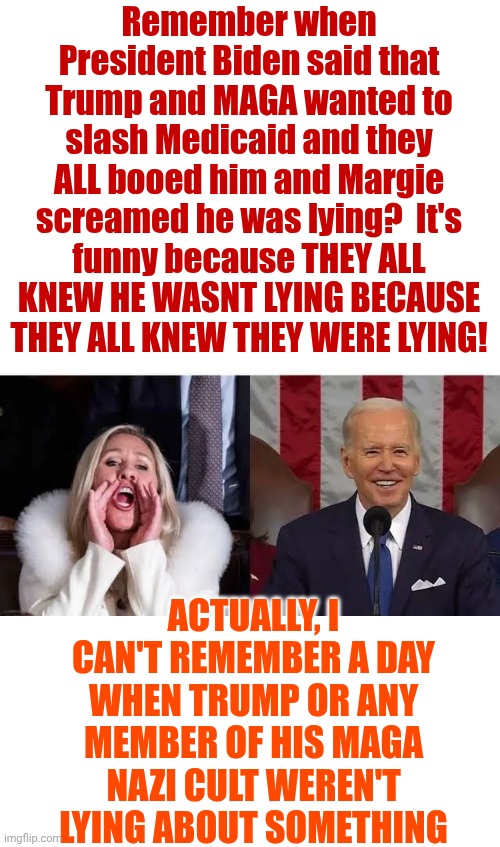 Maga, Nazis, White Supremacists, Adolf, Trump, Republicans And Evangelicals Are Synonymous With The Description Of Satan | Remember when President Biden said that Trump and MAGA wanted to slash Medicaid and they ALL booed him and Margie screamed he was lying?  It's funny because THEY ALL KNEW HE WASNT LYING BECAUSE THEY ALL KNEW THEY WERE LYING! ACTUALLY, I CAN'T REMEMBER A DAY WHEN TRUMP OR ANY MEMBER OF HIS MAGA NAZI CULT WEREN'T LYING ABOUT SOMETHING | image tagged in memes,maga,liars,nazis,foxtrot delta tango,satan worshippers | made w/ Imgflip meme maker