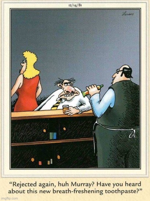 The Far Side | image tagged in comics,the far side,rejection,bartender,toothpaste | made w/ Imgflip meme maker
