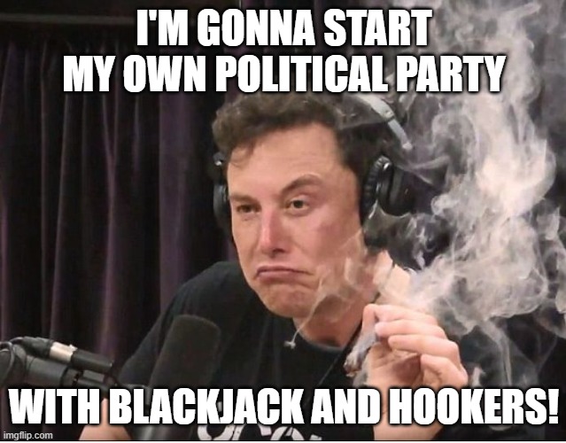 Elon Musk smoking a joint | I'M GONNA START MY OWN POLITICAL PARTY; WITH BLACKJACK AND HOOKERS! | image tagged in elon musk smoking a joint,bender blackjack and hookers,political meme | made w/ Imgflip meme maker