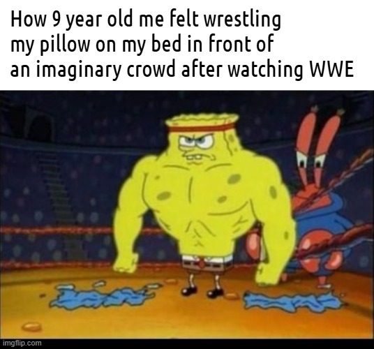 I lost count how many times I choke slammed and F5'ed my pillows as a kid. | How 9 year old me felt wrestling my pillow on my bed in front of an imaginary crowd after watching WWE | image tagged in memes,wwe,childhood type shi,nostalgia | made w/ Imgflip meme maker