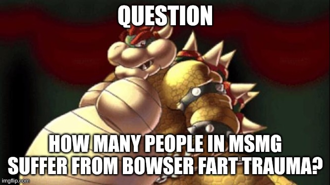 there must be maybe 3 | QUESTION; HOW MANY PEOPLE IN MSMG SUFFER FROM BOWSER FART TRAUMA? | image tagged in bowser fart | made w/ Imgflip meme maker