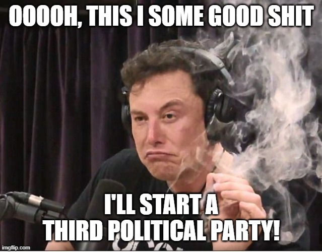 Elon Musk smoking a joint | OOOOH, THIS I SOME GOOD SHIT; I'LL START A THIRD POLITICAL PARTY! | image tagged in elon musk smoking a joint | made w/ Imgflip meme maker