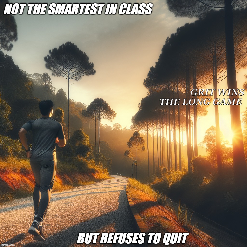 Grit Beats Talent | NOT THE SMARTEST IN CLASS; GRIT WINS THE LONG GAME; BUT REFUSES TO QUIT | image tagged in memes | made w/ Imgflip meme maker