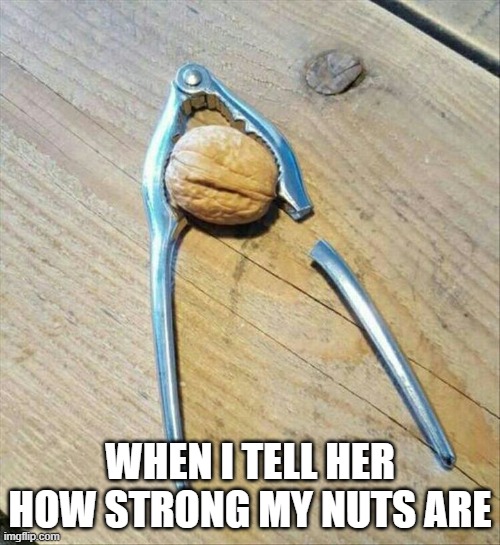 Strong Nuts | WHEN I TELL HER HOW STRONG MY NUTS ARE | image tagged in sex jokes | made w/ Imgflip meme maker