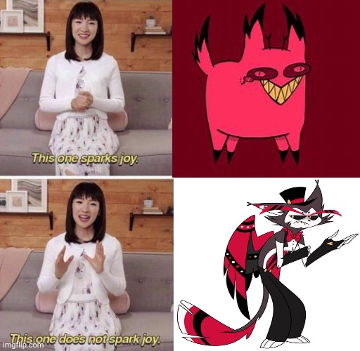 The cat of mischief and the cat of alcoholic depression | image tagged in this one sparks joy | made w/ Imgflip meme maker