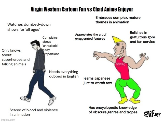 image tagged in virgin vs chad,anime,cartoon | made w/ Imgflip meme maker
