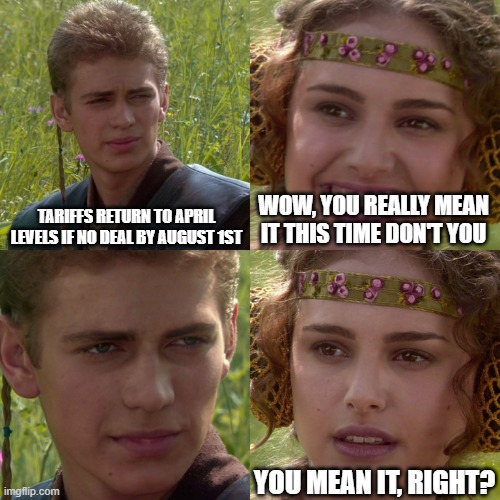 Anakin Padme 4 Panel | TARIFFS RETURN TO APRIL LEVELS IF NO DEAL BY AUGUST 1ST; WOW, YOU REALLY MEAN IT THIS TIME DON'T YOU; YOU MEAN IT, RIGHT? | image tagged in anakin padme 4 panel | made w/ Imgflip meme maker