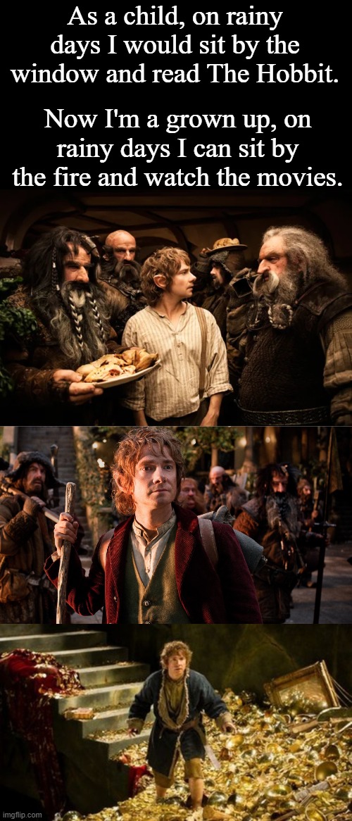 Wholesome | As a child, on rainy days I would sit by the window and read The Hobbit. Now I'm a grown up, on rainy days I can sit by the fire and watch the movies. | image tagged in the hobbit,bilbo baggins | made w/ Imgflip meme maker