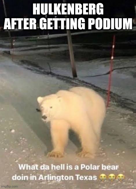 what the hell a polar bear doing in arlington texas | HULKENBERG AFTER GETTING PODIUM | image tagged in what the hell a polar bear doing in arlington texas,formula 1,german,uk,racing,open-wheel racing | made w/ Imgflip meme maker