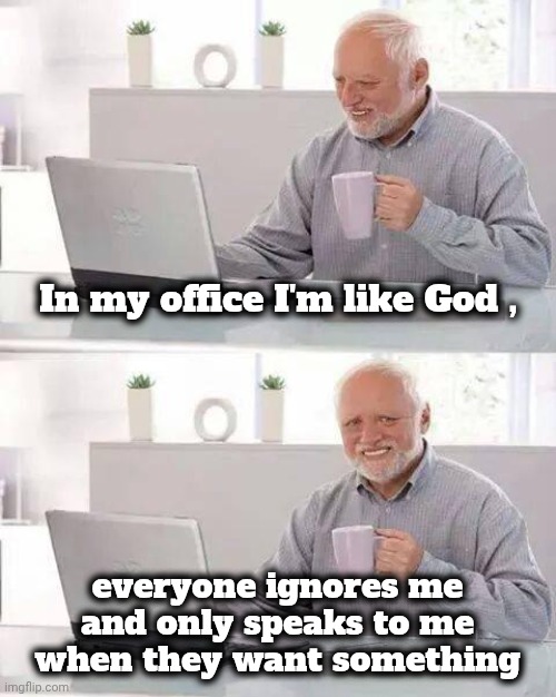 The Chief Cook and Bottle washer | In my office I'm like God , everyone ignores me and only speaks to me when they want something | image tagged in memes,hide the pain harold,adore me,well yes but actually no,invisible,go away | made w/ Imgflip meme maker