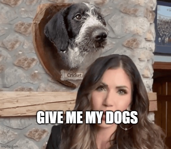 Kristi Noem Cricket mounted head Trump election | GIVE ME MY DOGS | image tagged in kristi noem cricket mounted head trump election | made w/ Imgflip meme maker