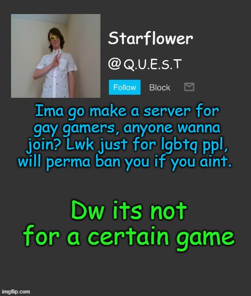 Starflower quest template | Ima go make a server for gay gamers, anyone wanna join? Lwk just for lgbtq ppl, will perma ban you if you aint. Dw its not for a certain game | image tagged in starflower quest template | made w/ Imgflip meme maker