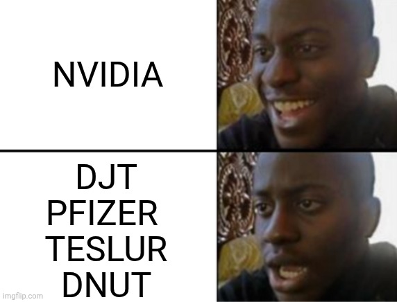NVIDIA DJT
PFIZER 
TESLUR
DNUT | image tagged in oh yeah oh no | made w/ Imgflip meme maker