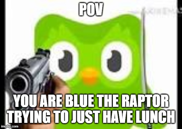 Doulingo holding a gun | POV; YOU ARE BLUE THE RAPTOR TRYING TO JUST HAVE LUNCH | image tagged in doulingo holding a gun,jurassic world,velociraptor | made w/ Imgflip meme maker